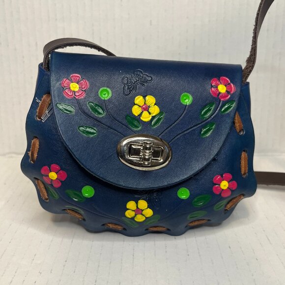 Vtg Hand Tooled Purple Leather Painted Mini Purse, Made in Mexico, Flower Purse - Picture 1 of 7